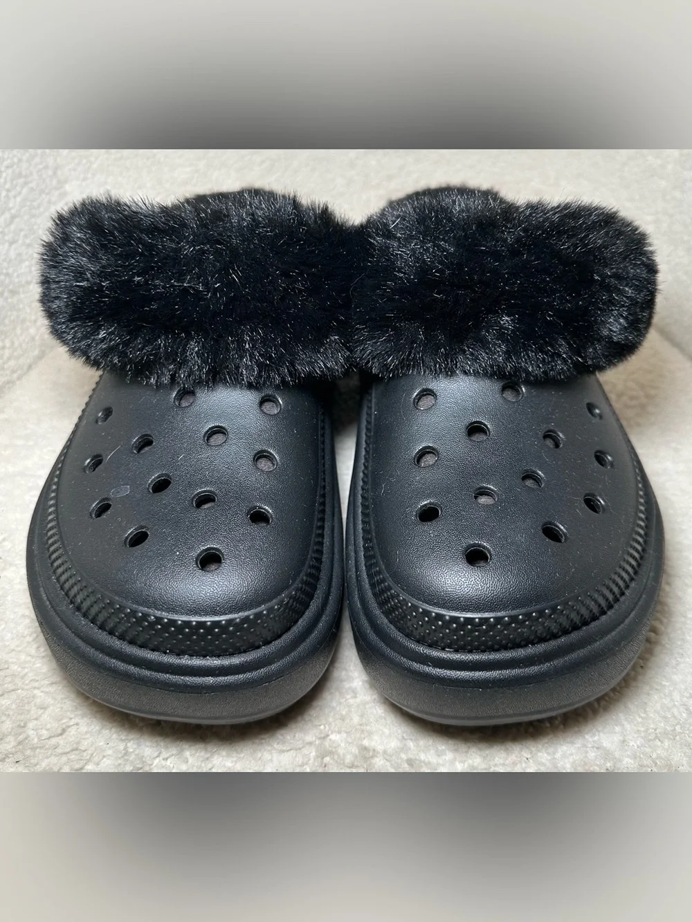 Crocs Stomp Lined Clog Black Faux Fur Platform Shoes Y2K Goth Punk Chunky Emo 8
